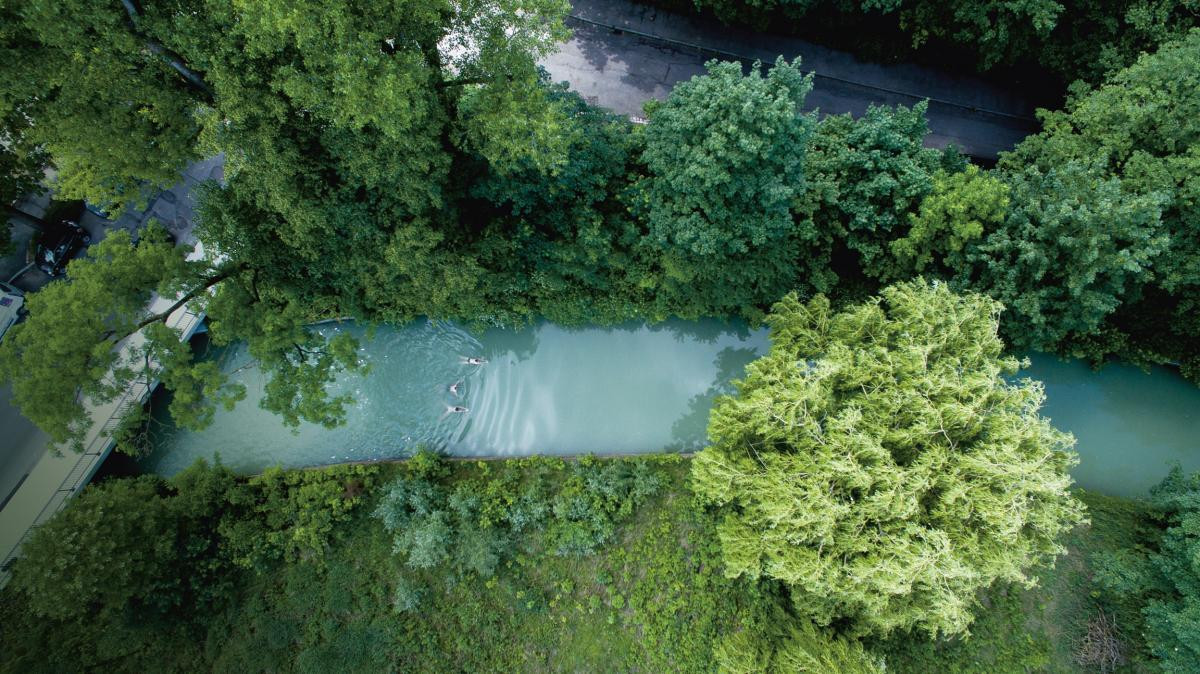 Schwimmer im Proviantbach aus der Vogelperspektive